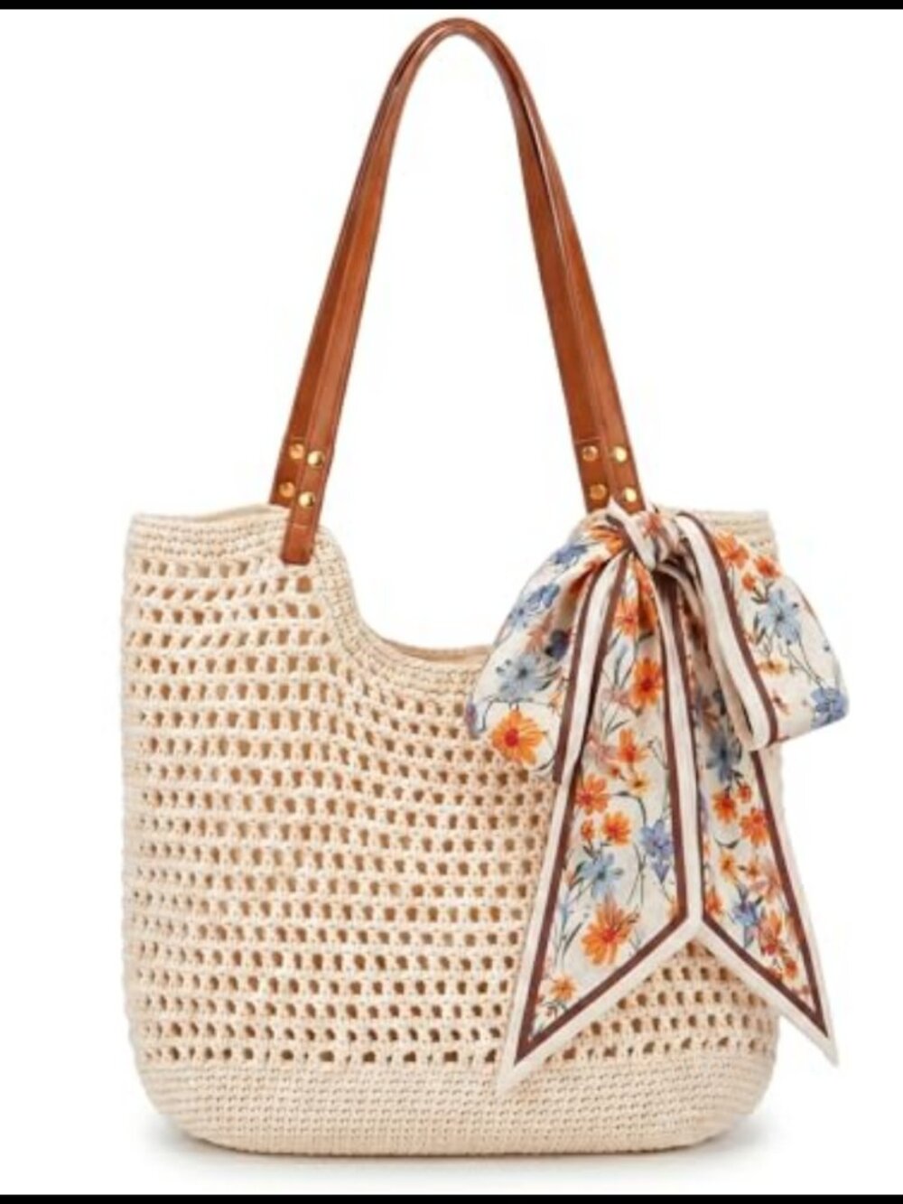 Crochet Beach Tote Bag Woven Purse Cotton with Zip Pocket Scarf Boho Summer